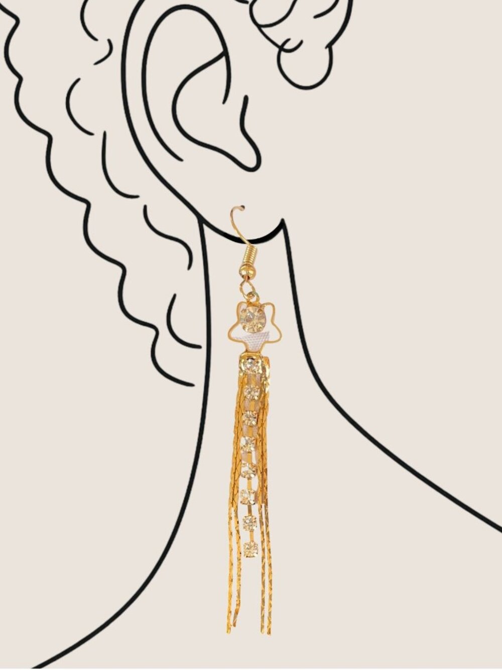 Shooting Star Dangling Earrings Gold Tone Rhinestone Trailing Tassels Whimsical